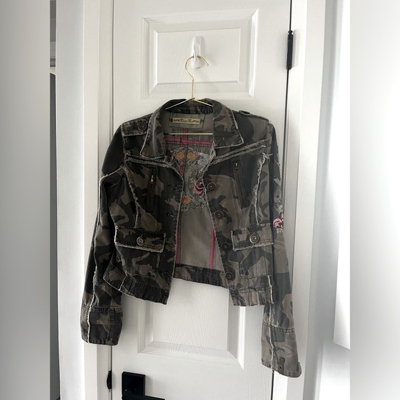 Miss Me S Army Cotton Jacket Green Floral Embroidered Pockets Zip Detail - Picture 10 of 11